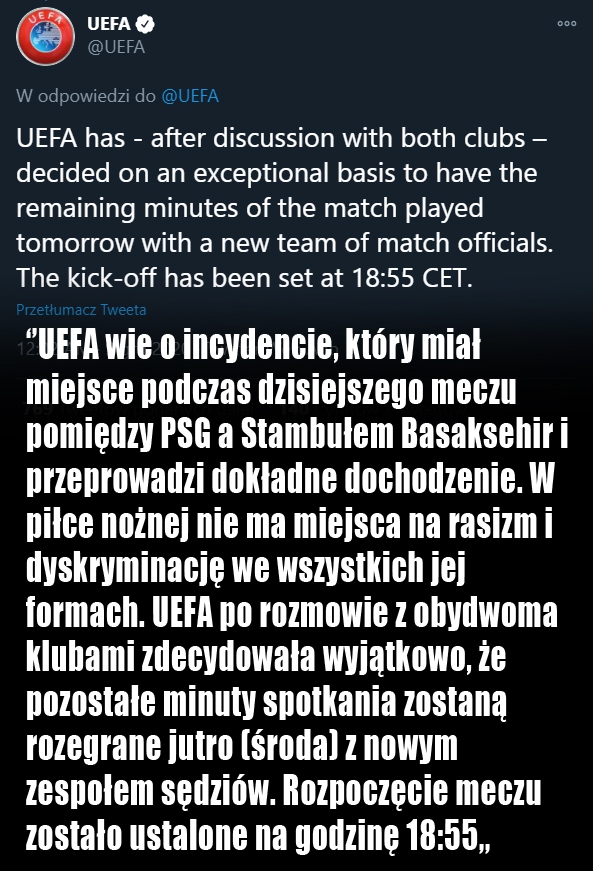 OFICJALNA decyzja UEFA ws. meczu PSG - Basaksehir!